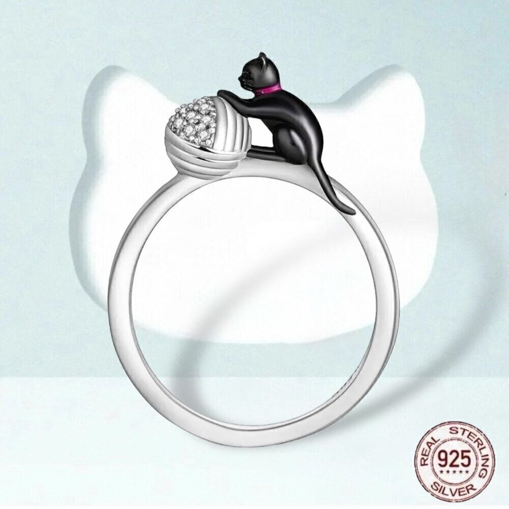 Nwt Black Cat With Yarn Ring S925 Sterling Silver Stamped Sz.8